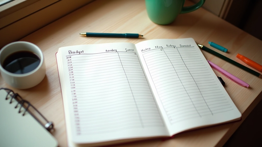 Détail photographique d'un cahier Kakeibo rempli, écritures manuscrites en français, stylos colorés à proximité, cadre naturel chaleureux