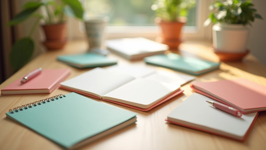 Plusieurs carnets et stylos colorés sur un bureau montrant différentes approches de planification