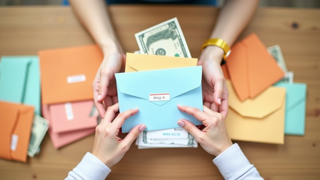 Mains organisant des enveloppes de couleur avec des montants d'argent et des étiquettes budgétaires