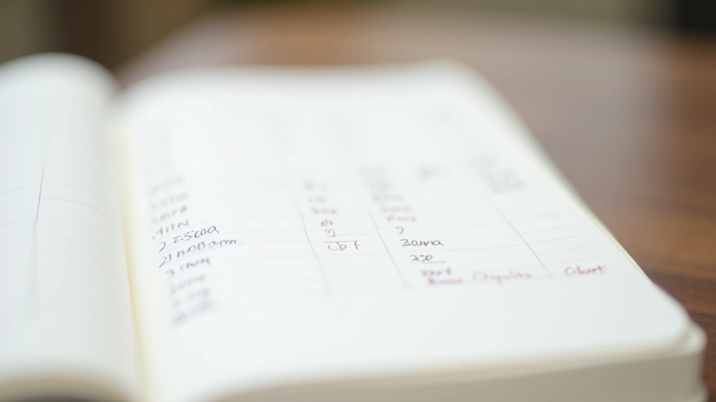 Double page d'un cahier Kakeibo montrant les colonnes de catégories, nombres écrits à la main en encre bleue, design minimaliste en noir et blanc