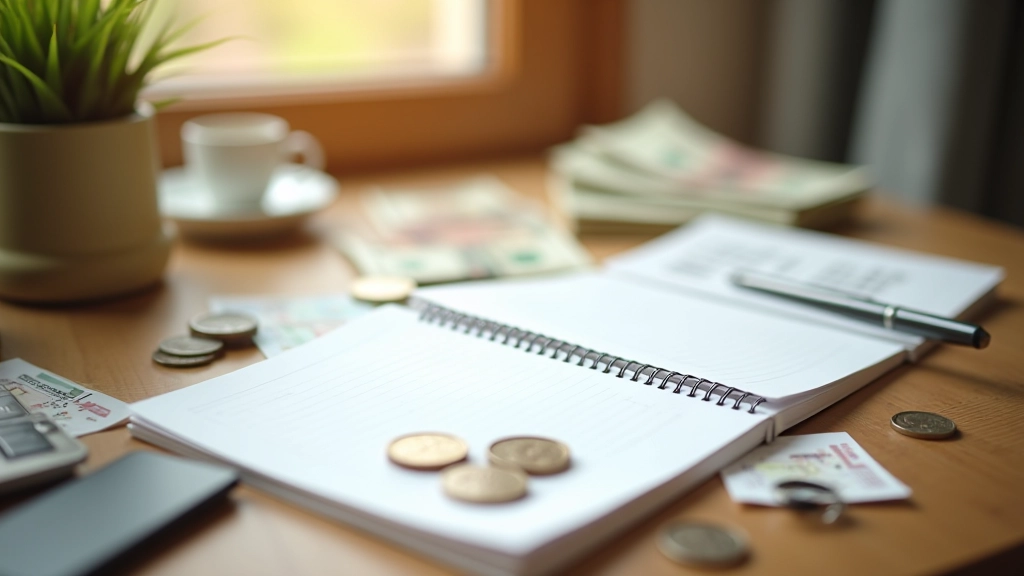 Bureau organisé avec cahier de budgétisation, stylo et pièces de monnaie