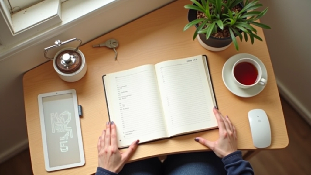 Personne assise à une table de travail moderne avec un cahier Kakeibo, tasse de thé, espace organisé et calme, vue d'en haut légèrement décalée