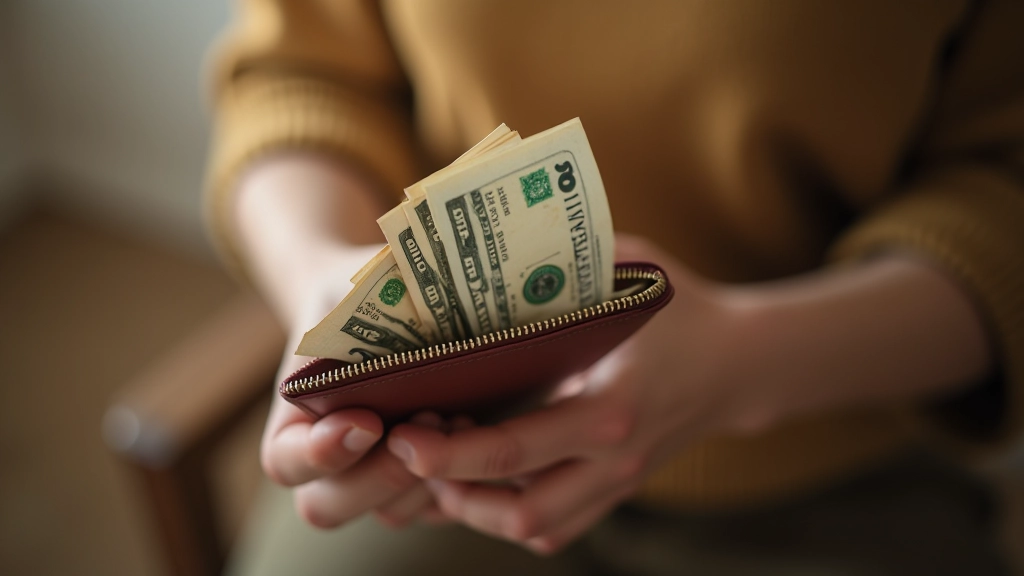 Main de personne tenant un portefeuille avec des billets de banque visibles