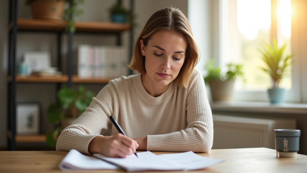 Personne remplissant un questionnaire sur papier avec stylo et carnet à côté