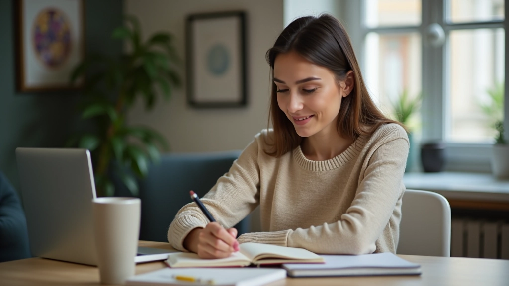 Femme travaillant sur son ordinateur portable avec un carnet et une calculatrice sur le bureau
