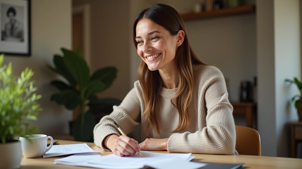 Femme souriante à son bureau examinant ses finances sans stress