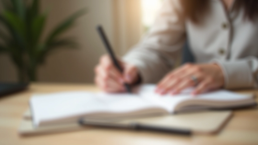 Mains de femme écrivant dans un cahier Kakeibo avec un stylo à plume, tableau blanc flou en arrière-plan, lumière naturelle douce